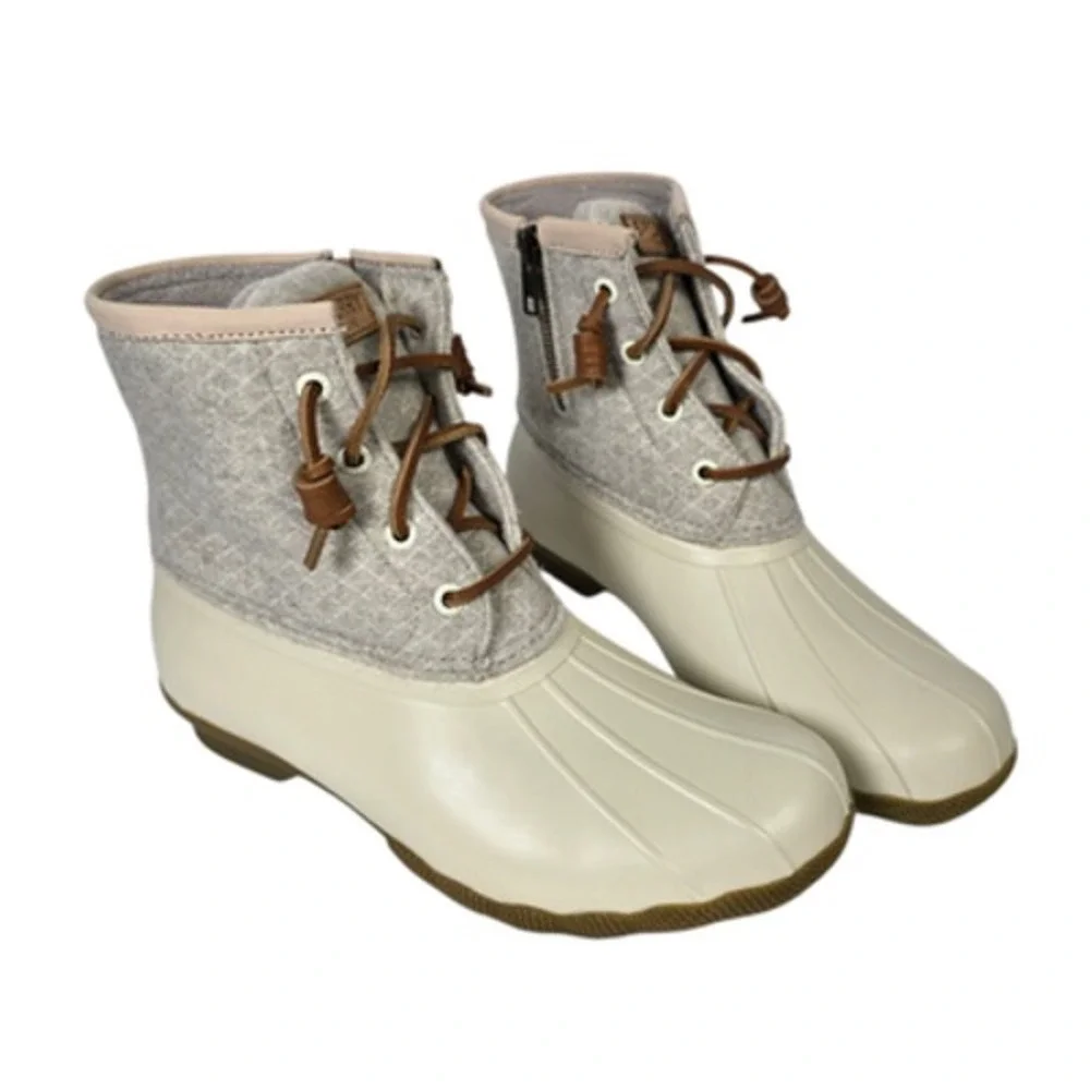 Sperry Top Sider Saltwater Duck Boots Women 7 Gray Quilted Wool Blend Waterproof